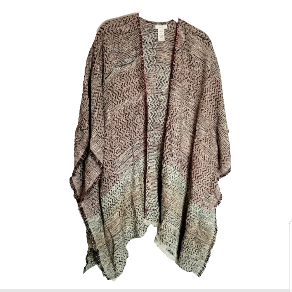 J. Jill Pure Jill Poncho One Size Ikat Fringed Purple Gray Open Cardigan Kimono